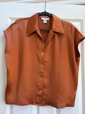 Rachel Zoe Satin Rust-Orange Cap Sleeve Button Blouse